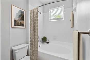 A bathroom with a white toilet next to a bathtub with a shower curtain